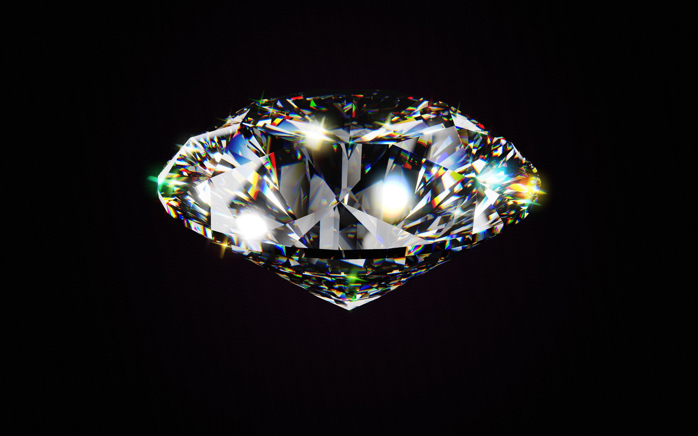 A ray-traced round brilliant diamond sparkling on black velvet